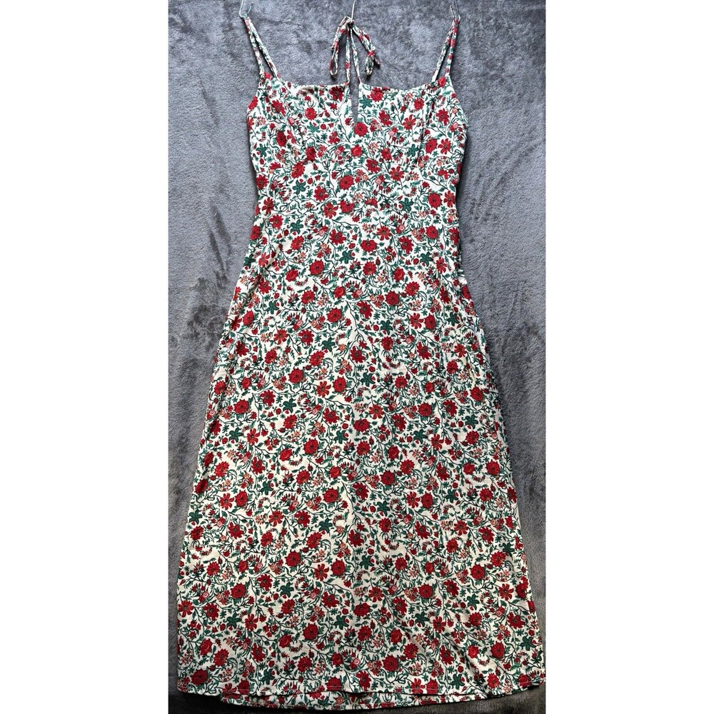 Red Floral Keyhole Front Midi Sundress Smocked Back Size Medium Cottagecore